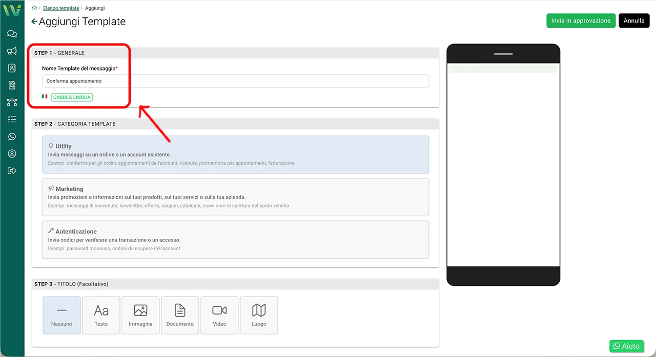 Step 1 Generale - Nome template e lingua
