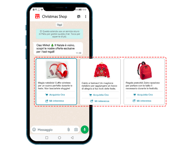 Carosello di offerte natalizie su WhatsApp realizzato con WA Smart Business