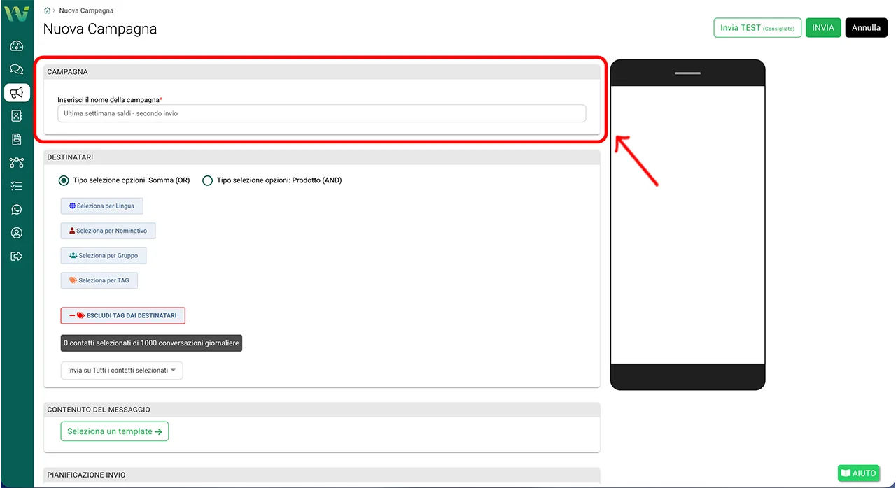 Creazione nuova campagna e inserimento nome campagna