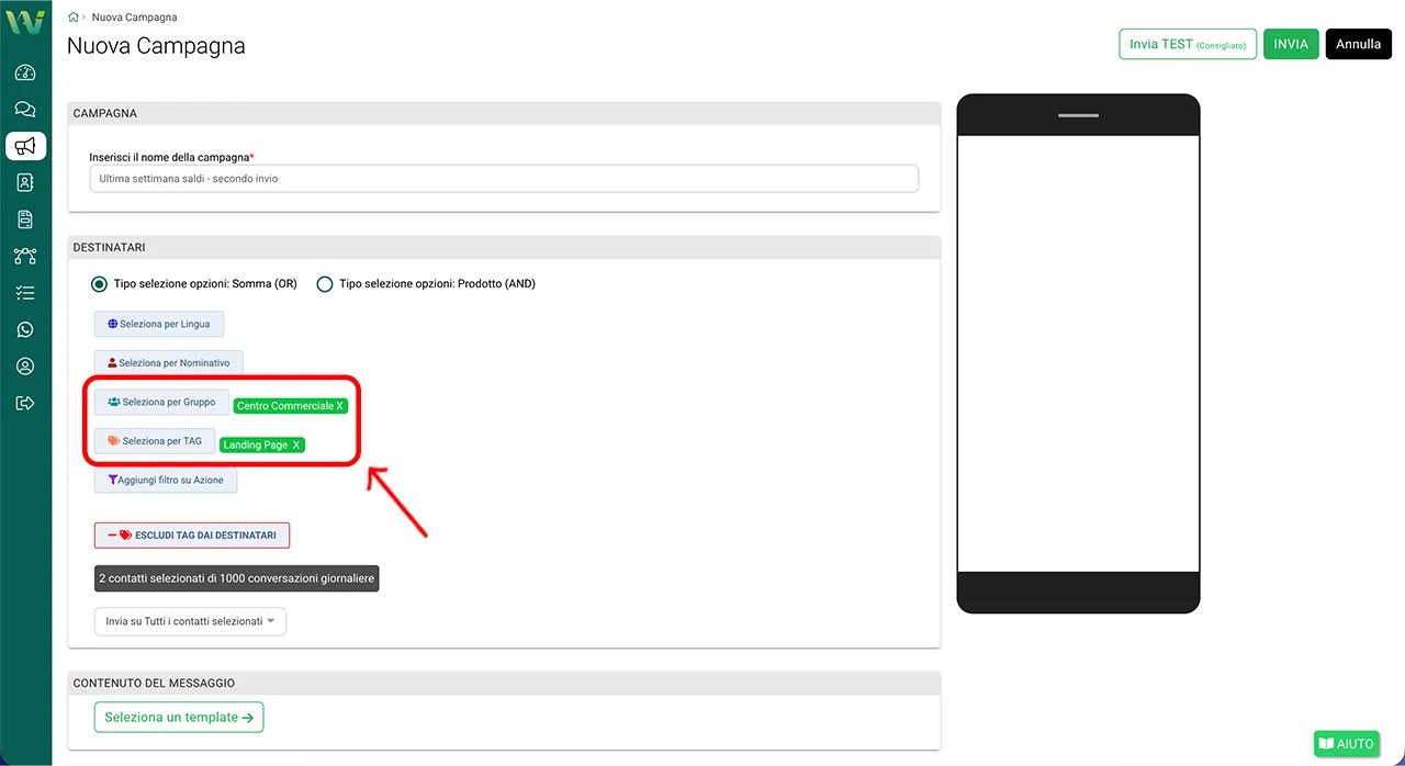 Selezione gruppi e tag della campagna precedente