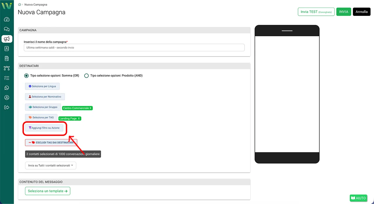Pulsante Aggiungi filtro su Azione
