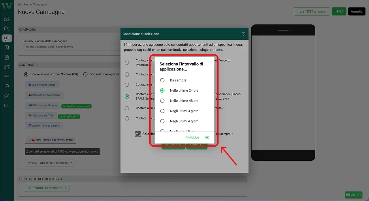 Selezione intervallo di applicazione (esempio: 24h)