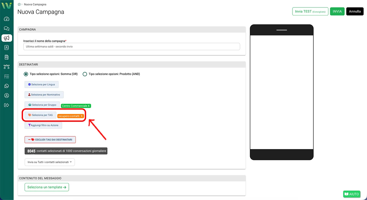 Selezione tag temporaneo nei destinatari della campagna