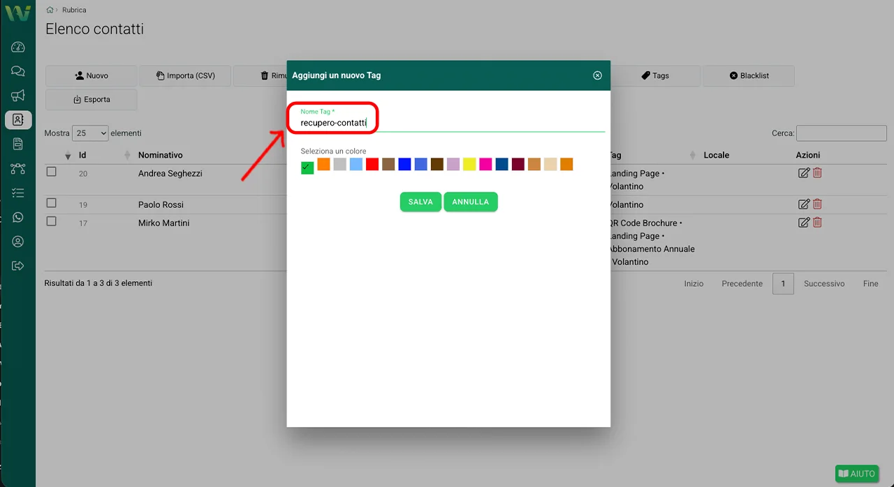 Creazione tag temporaneo in rubrica