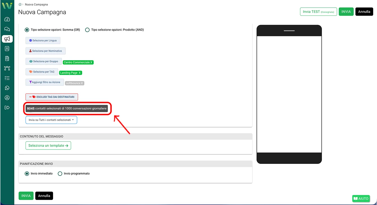 Numero di contatti selezionati dopo il filtro su azione