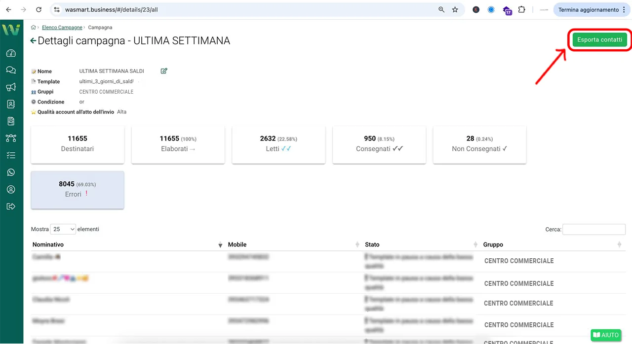 Pulsante Esporta contatti nella tab Errori