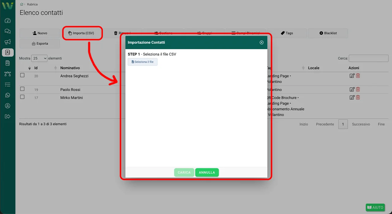 Importa CSV in rubrica